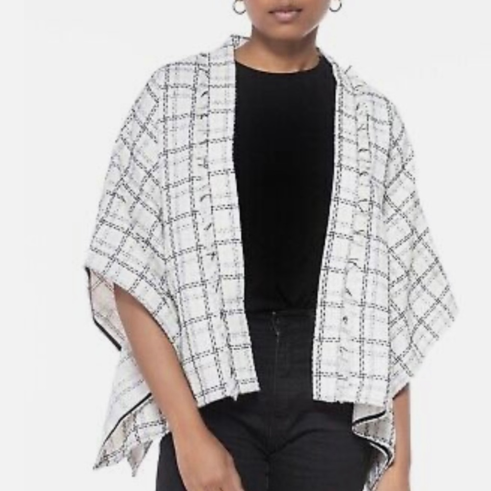 INC International Concepts Women Poncho Black White Silver Contrast Tweed Kimono